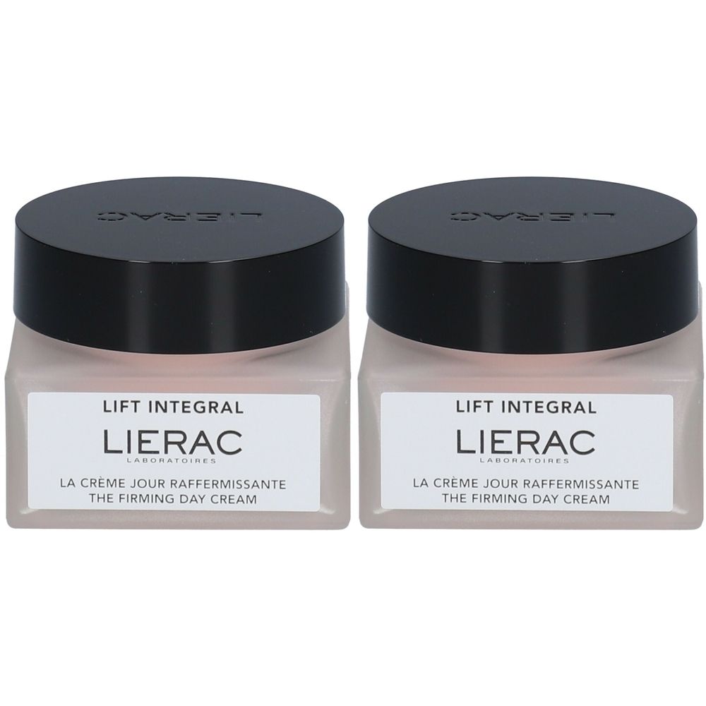 Deux pots carrés avec couvercles noirs. Inscription : LIFT INTEGRAL, LIERAC, LA CRÈME JOUR RAFFERMISSANTE, THE FIRMING DAY CREAM.