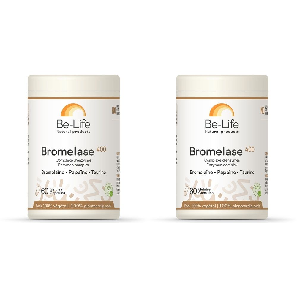 Deux flacons blancs "Be-Life Bromelase 400". Inscription "60 gélules".