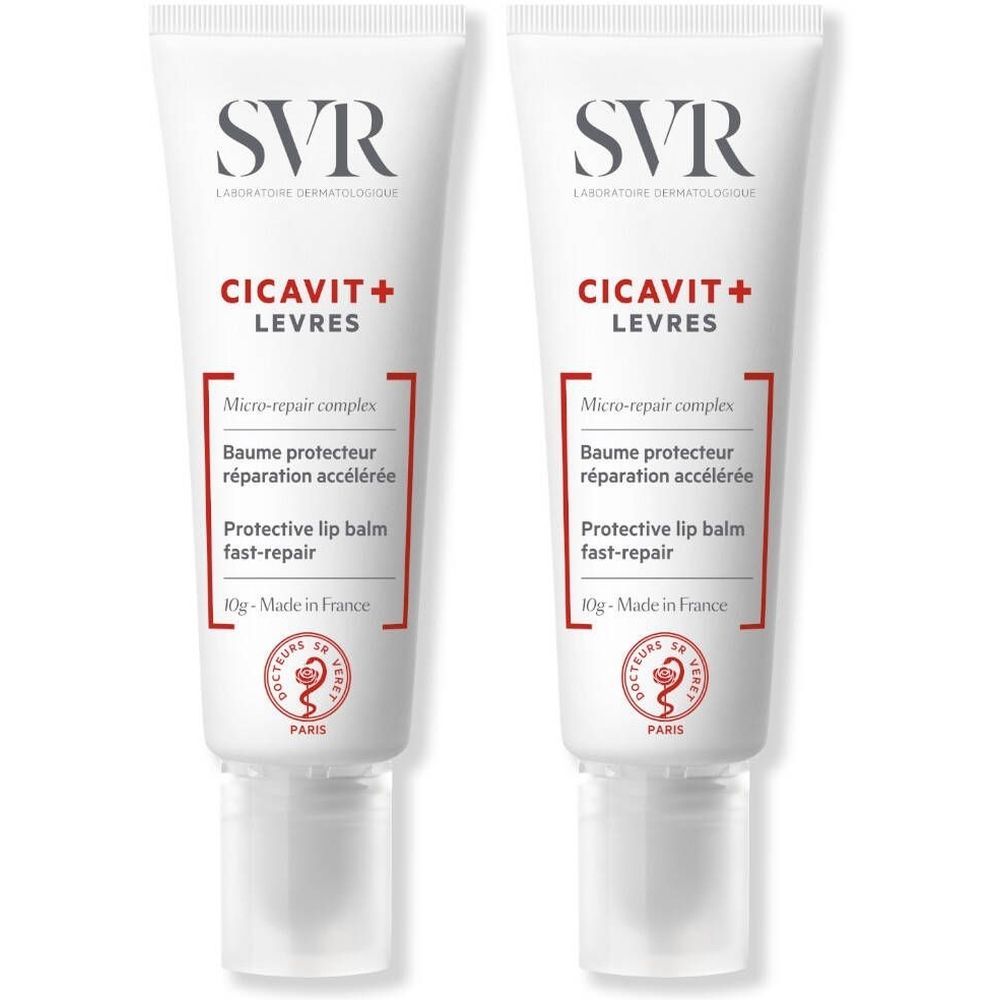 Deux tubes de baume à lèvres blancs. Marque SVR, nom CICAVIT+ LEVRES. Texte: Micro-repair complex, Baume protecteur réparation accélérée, Protective lip balm fast-repair.