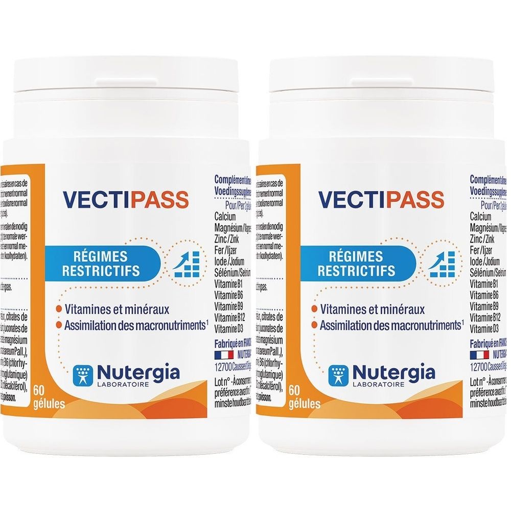 Deux flacons blancs VECTIPASS. Inscription: RÉGIMES RESTRICTIFS, Nutergia Laboratoire. Contient 60 gélules.