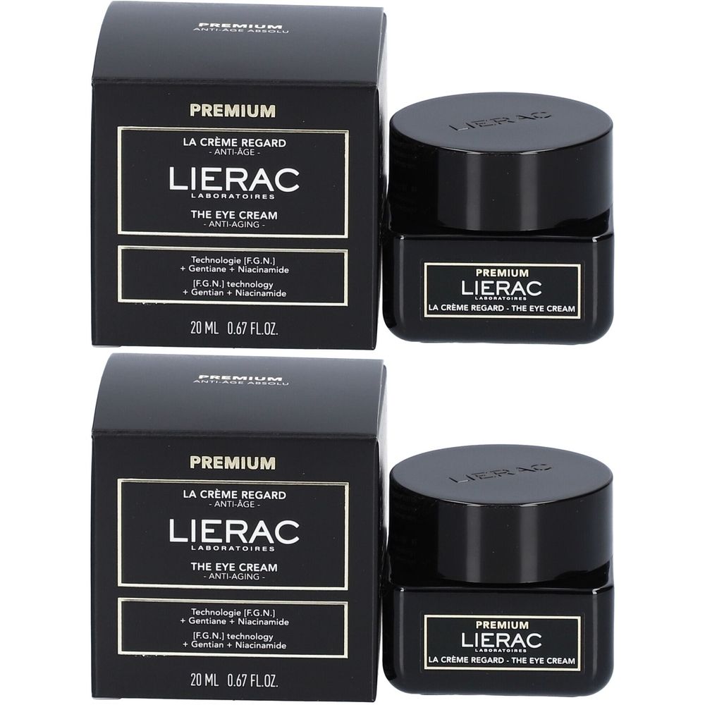 Deux pots et boîtes noirs. Sur les boîtes, on lit "PREMIUM", "LIERAC" et "THE EYE CREAM". Sur les pots, on lit "PREMIUM" et "LIERAC".