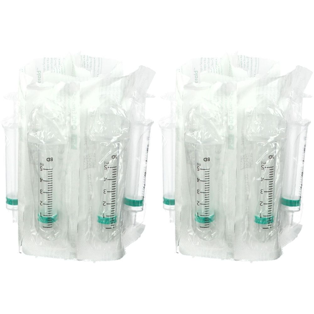 Plusieurs seringues stériles, emballées individuellement. Cylindre gradué, piston vert. Emballage plastique transparent.