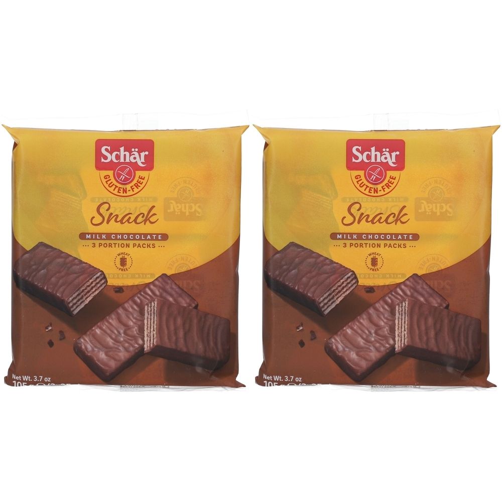 Deux paquets de Schär Snack sans gluten. Inscription : Snack, chocolat au lait, 2 portions. Gaufrettes au chocolat visibles.