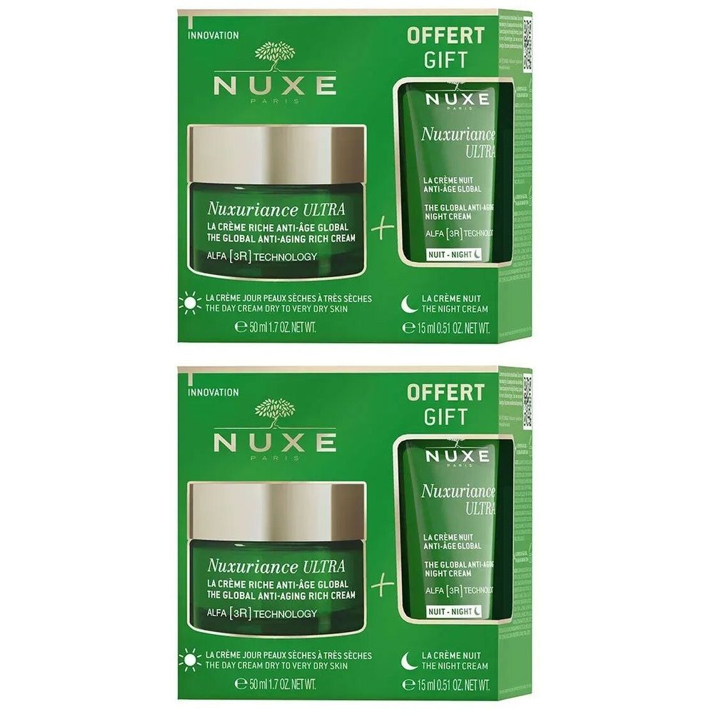 Deux coffrets cadeaux verts avec produits de soin. Un pot et un tube avec texte. Marque : Nuxe. Texte : Nuxuriance Ultra.