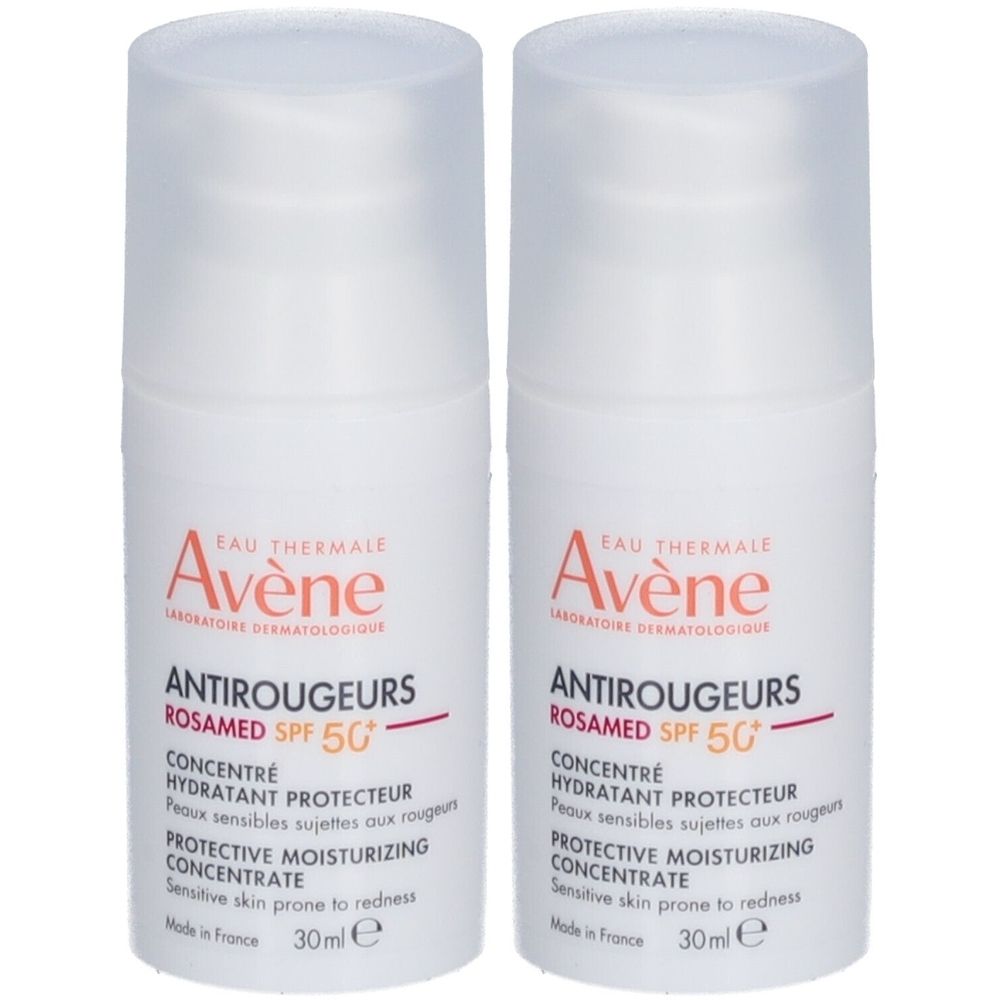 Deux flacons blancs avec bouchons. Inscription: Avène Antirougeurs ROSAMED SPF 50+ Concentré Hydratant Protecteur. 30ml.