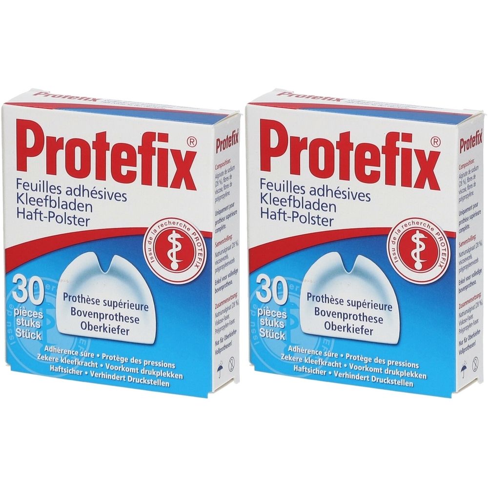 Deux boîtes de Protefix® Feuilles adhésives. Inscription : 30 pièces, Prothèse supérieure, Oberkiefer. Logo avec symbole médical.