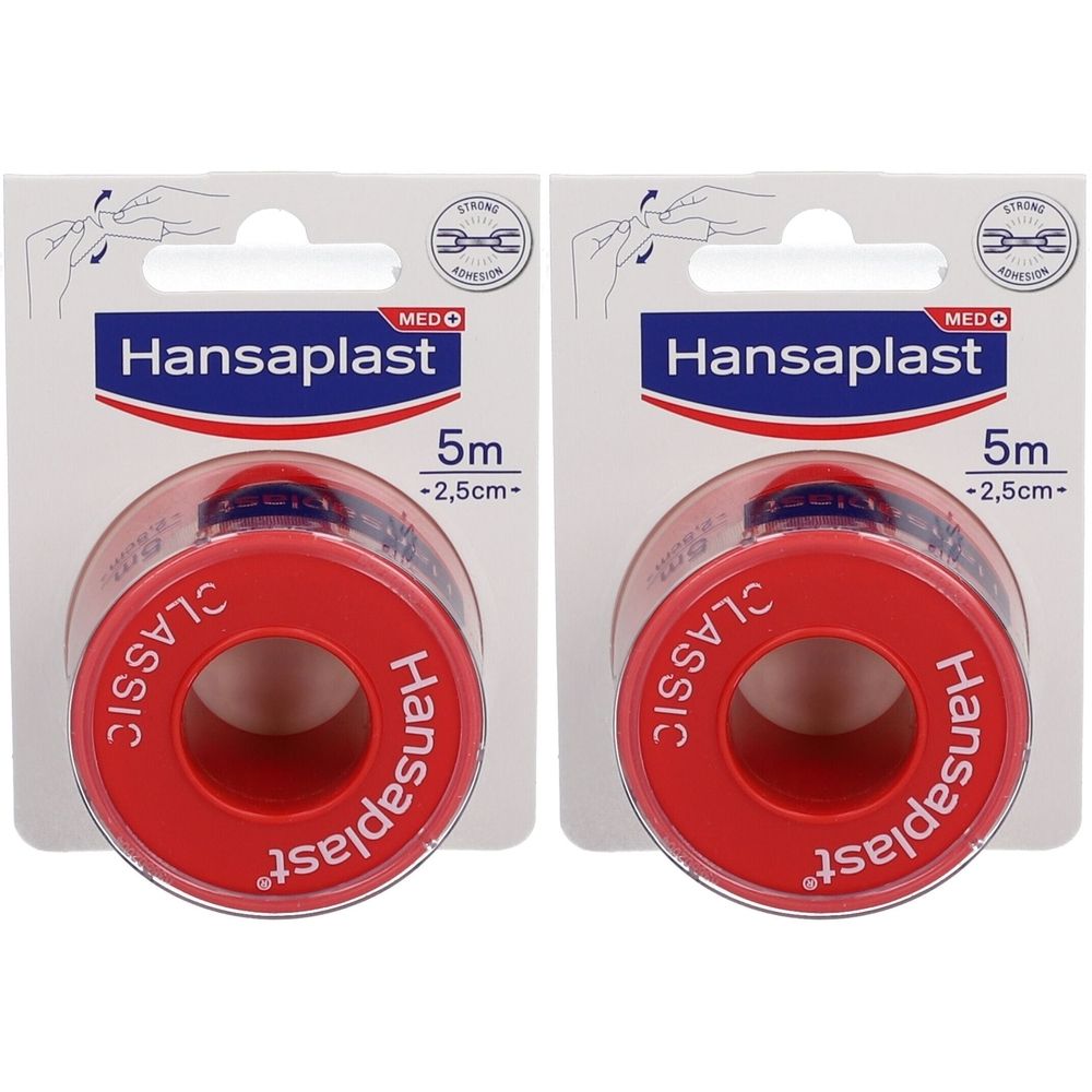 Deux emballages de Sparadrap Classic. Rouleaux rouges avec texte blanc. L'emballage indique Hansaplast, 5 m, 2,5 cm.