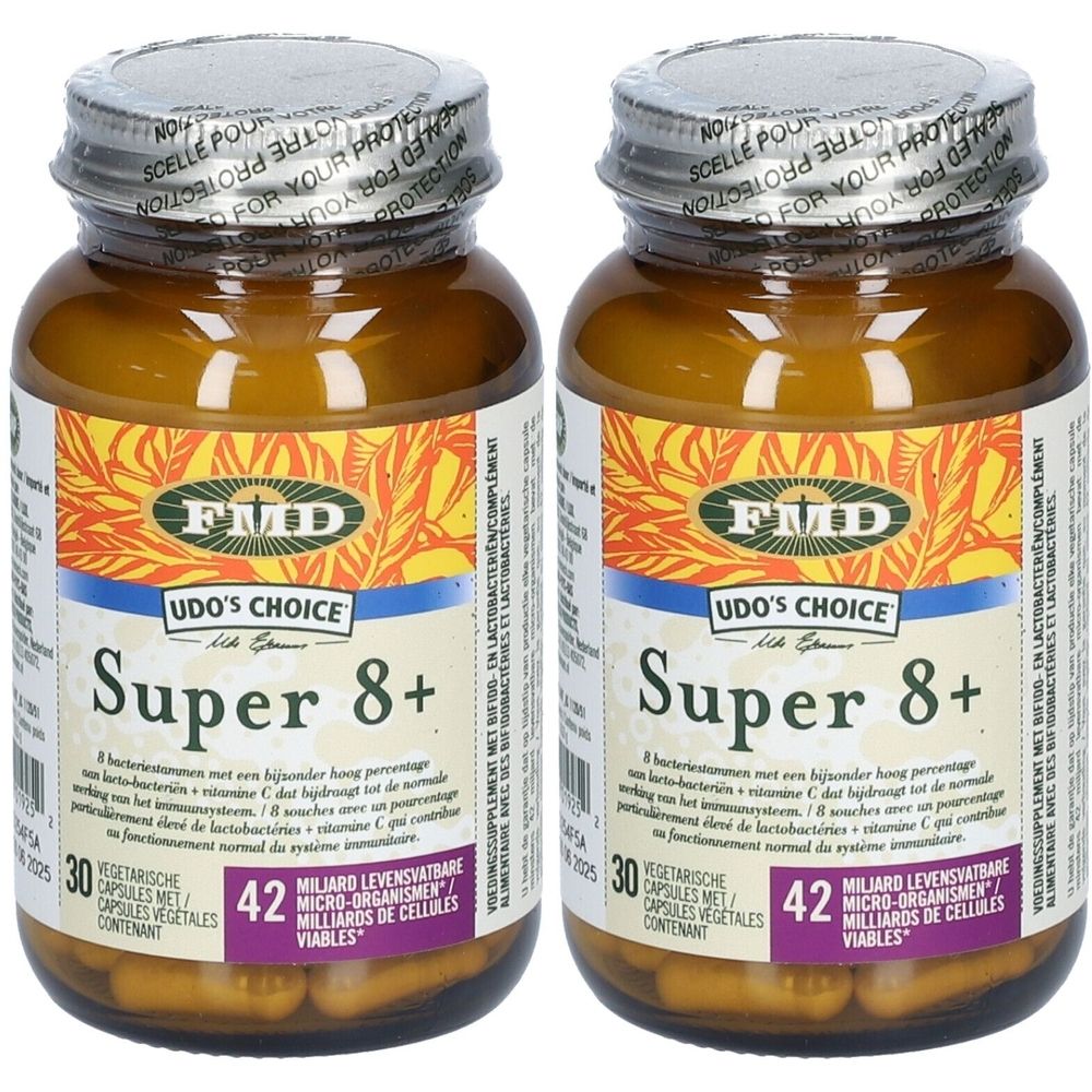 Deux flacons de gélules Udo's Choice Super 8+. Flacons en verre brun avec couvercles argentés. Inscription : Super 8+ et Udo's Choice.