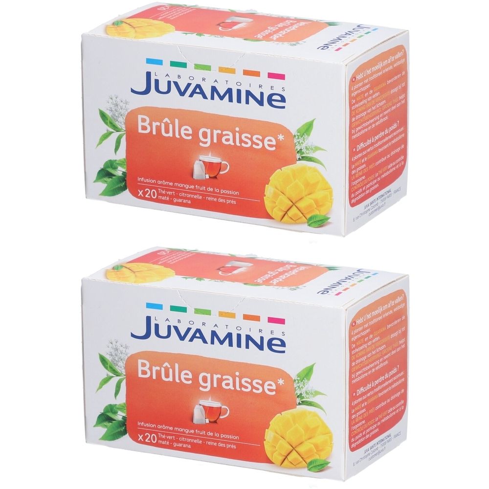 Deux boîtes de Juvamine Infusion Brûle Graisse. Inscription : Brûle graisse, illustration de mangue, x20. Blanc et orange.