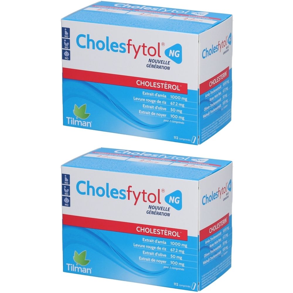 Deux boîtes de Tilman® Cholesfytol® NG. Emballage bleu avec texte blanc. Inscription : Cholesfytol, Nouvelle Génération, Cholestérol.
