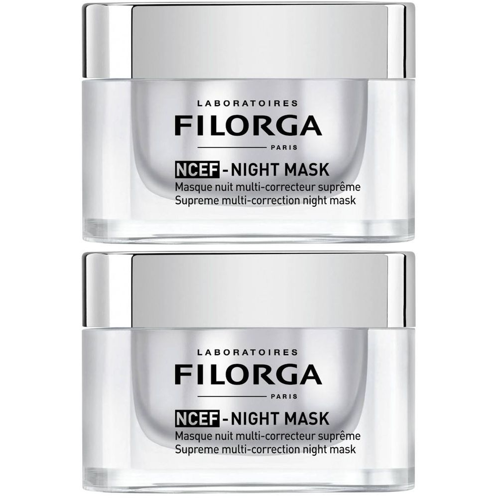 Deux pots FILORGA NCEF-NIGHT MASK. Récipients en verre avec couvercles argentés. Texte noir sur fond blanc.