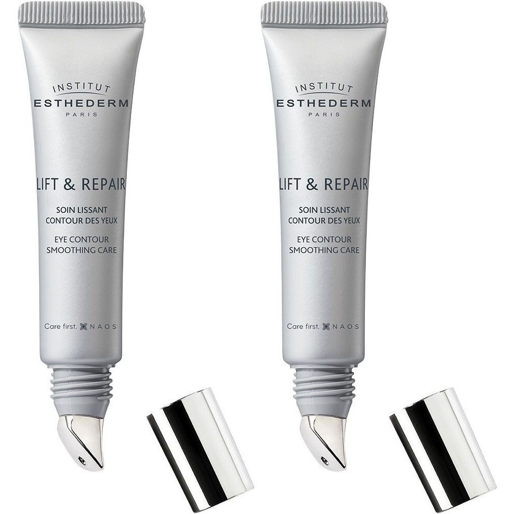 Deux tubes de soin contour des yeux. Inscription: INSTITUT ESTHEDERM, LIFT & REPAIR, Eye Contour Smoothing Care. Avec applicateur métallique et capuchon.