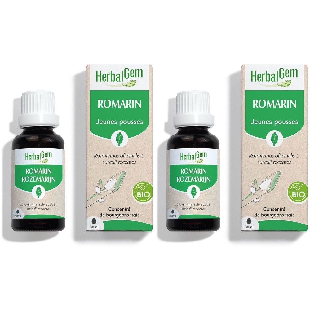 Trois flacons et boîtes. Inscription: HerbalGem, ROMARIN, Jeunes pousses, Bio. Flacons avec bouchon blanc.