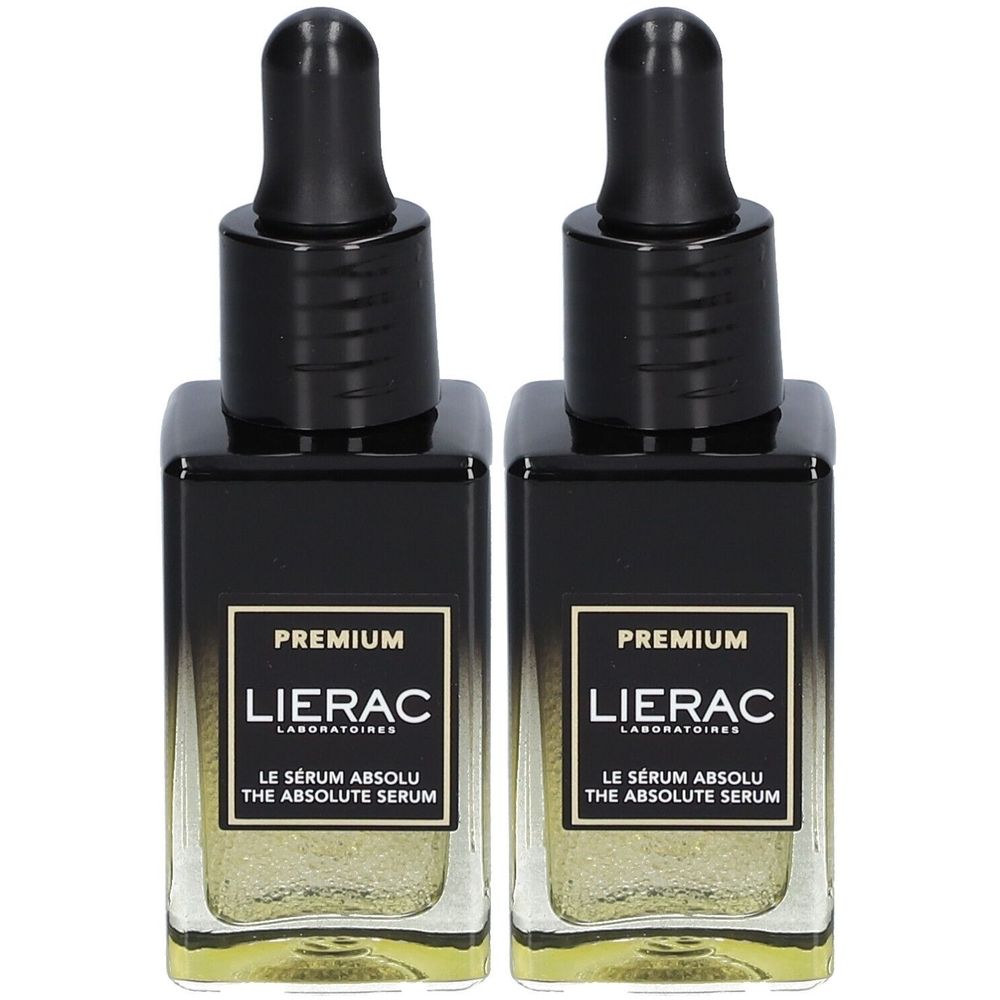 Deux flacons avec bouchon noir et étiquette noire carrée. L'étiquette porte les mentions "PREMIUM" et "LIERAC".