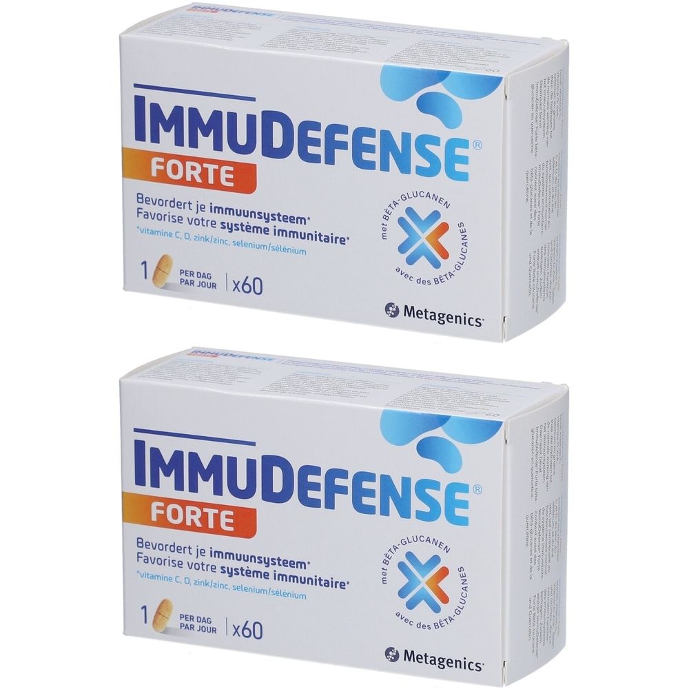 Deux boîtes blanches "IMMUDEFENSE FORTE". Contient des bêta-glucanes. Marque : Metagenics. Inscriptions en néerlandais et français.