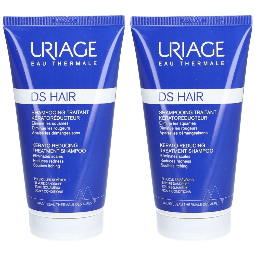 Deux tubes bleus avec texte blanc. Inscription: URIAGE, DS HAIR, Shampooing Traitant Kératoréducteur.