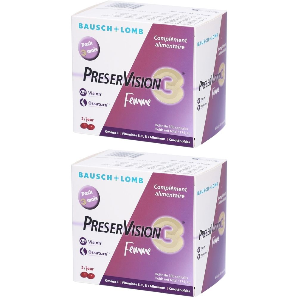 Deux boîtes de PRESERVISION C Femme. Inscription : Bausch + Lomb, pack de 3 mois, complément alimentaire, 180 capsules.