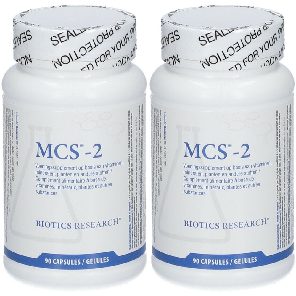 Deux flacons blancs avec l'étiquette MCS-2 et la marque BIOTICS RESEARCH. Chaque flacon porte la mention "90 CAPSULES / GELULES".