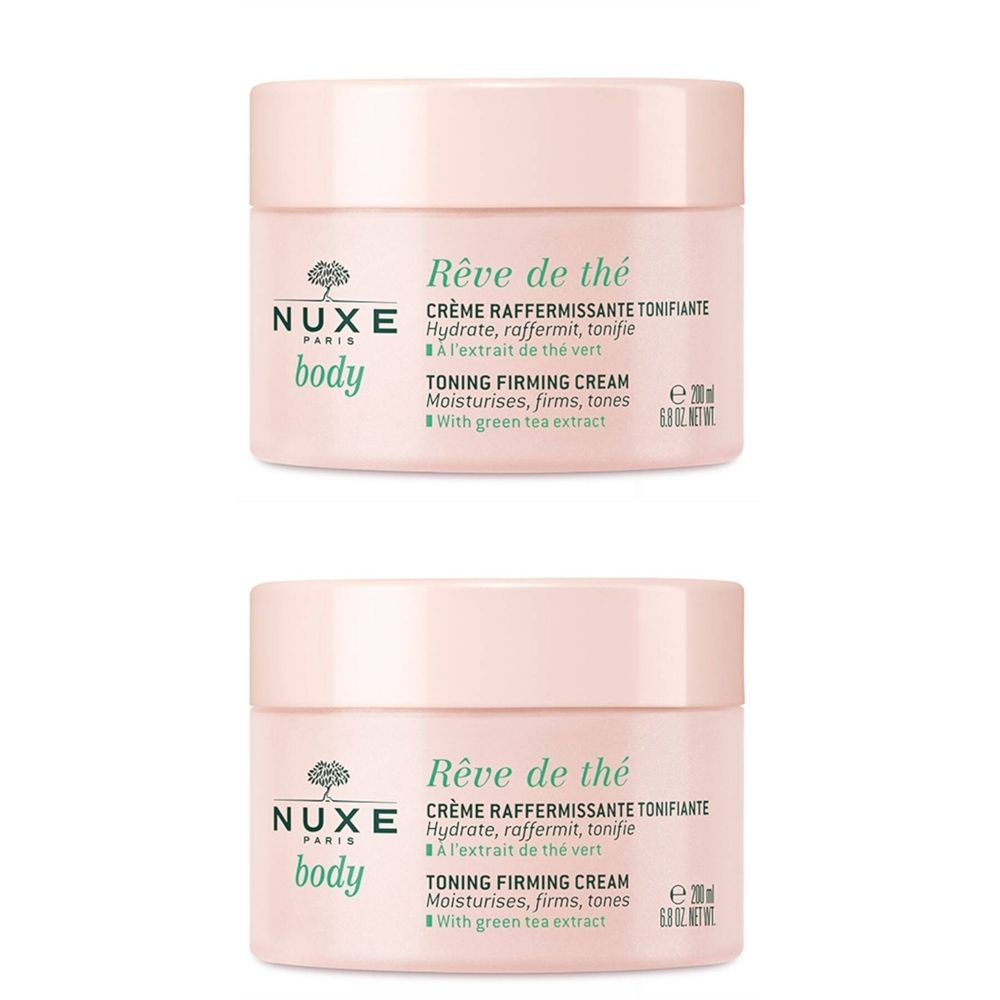 Deux pots roses. Inscription : Rêve de thé, Crème Raffermissante Tonifiante, Toning Firming Cream. Marque : NUXE Body.