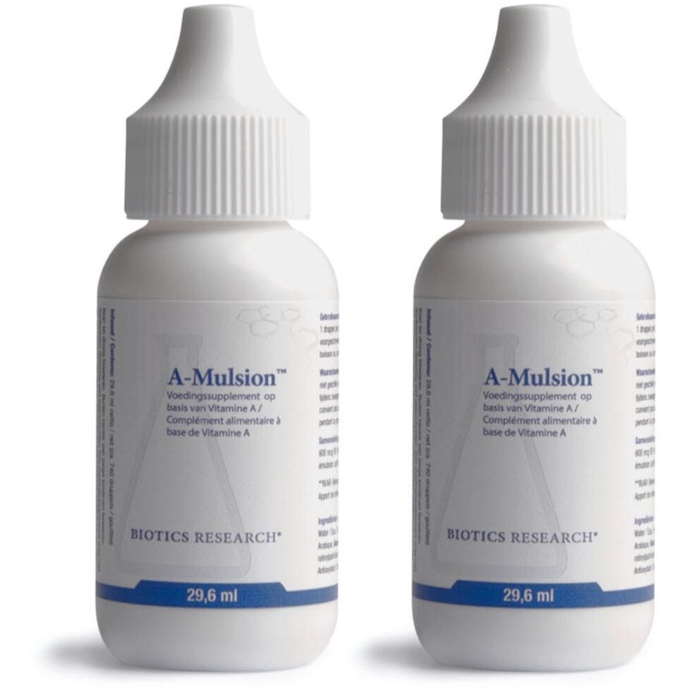 Deux flacons blancs avec bouchon compte-gouttes. Inscription : A-Mulsion, Biotics Research. Volume : 29,6 ml. Complément alimentaire à la vitamine A.