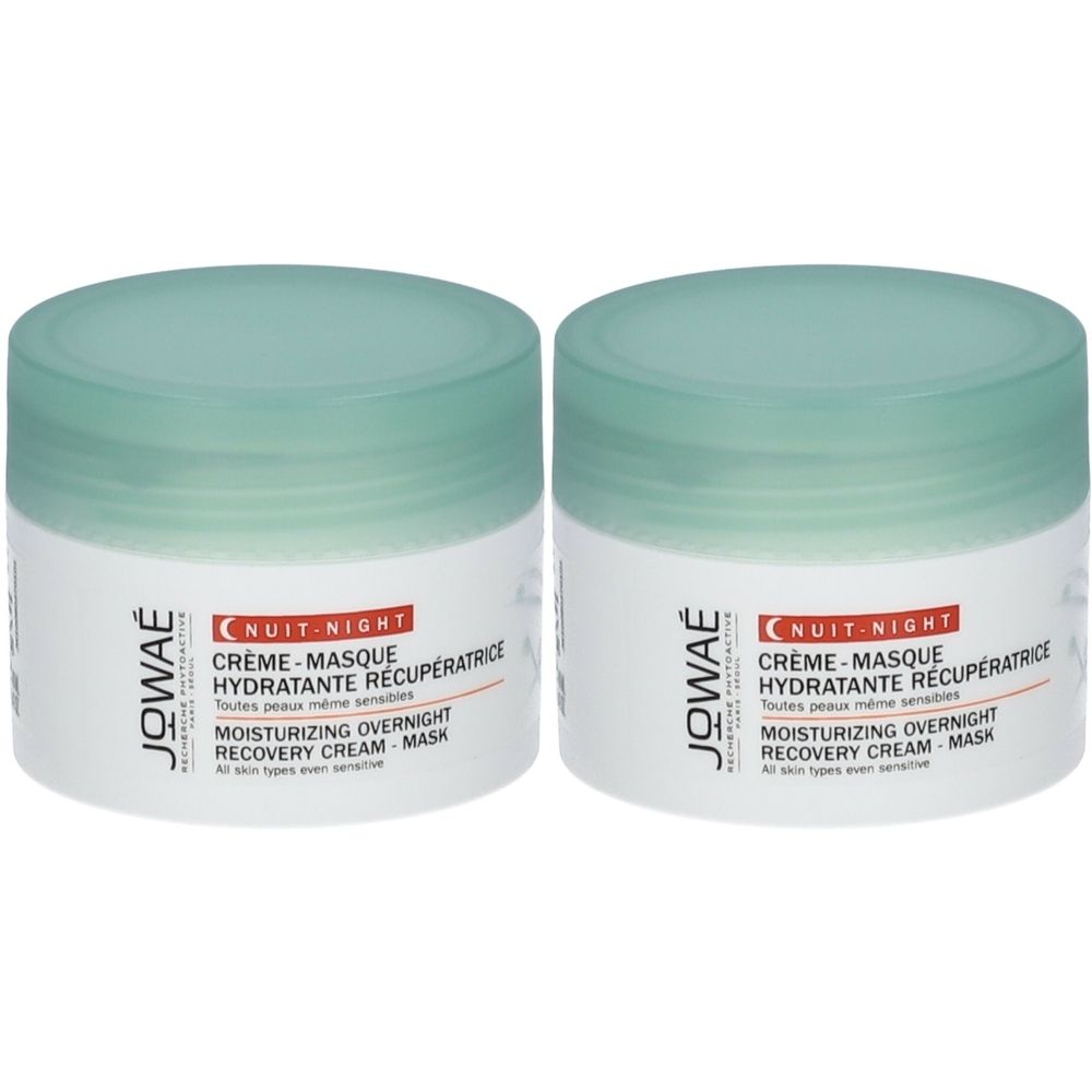 Deux pots de crème-masque de nuit Jowaé. Récipients blancs avec couvercles verts. Inscription : Nuit Night, Crème-Masque hydratante récupératrice.