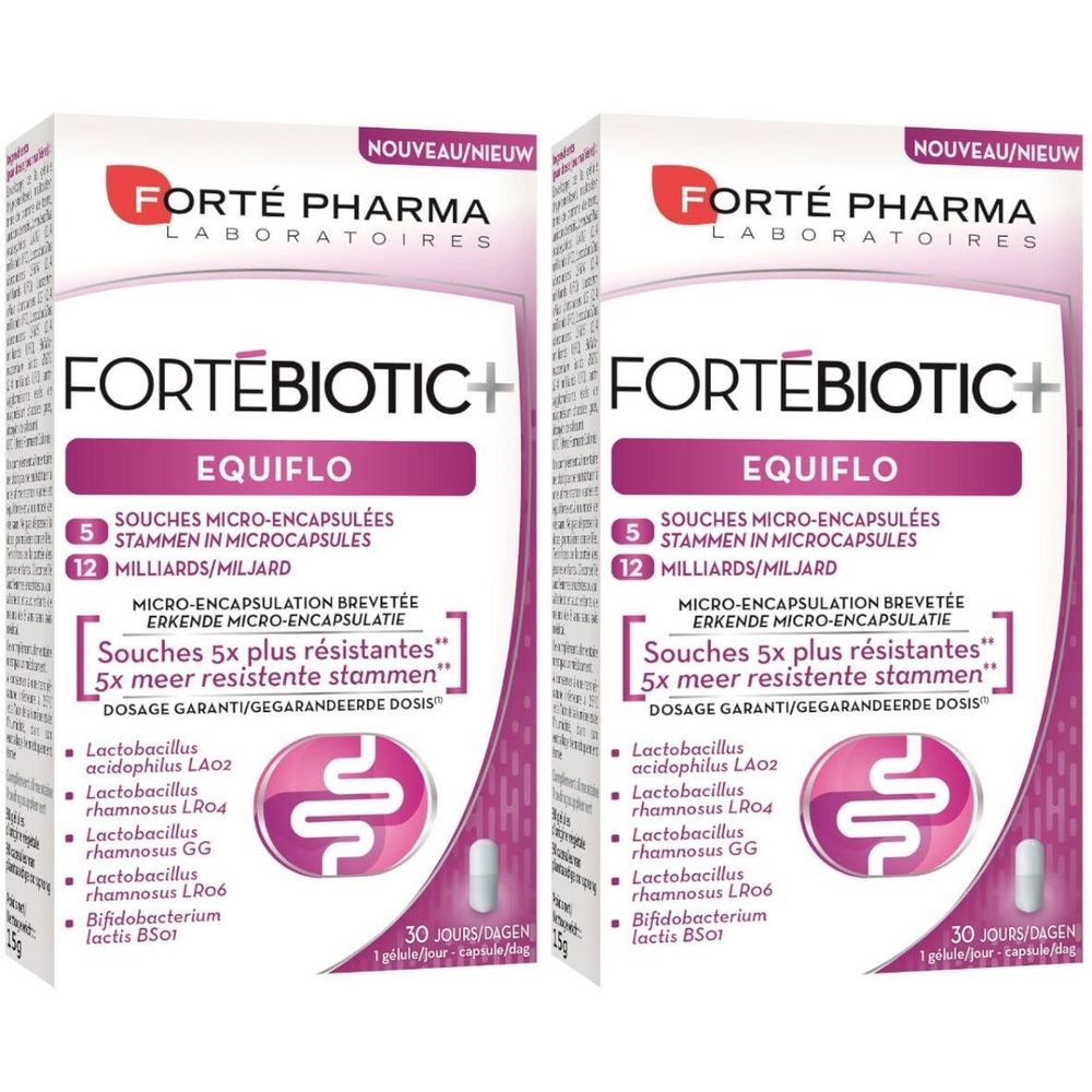 Deux boîtes de Forté Pharma FORTÉBIOTIC+ avec informations et illustration de gélule. Inscription : Equiflo.