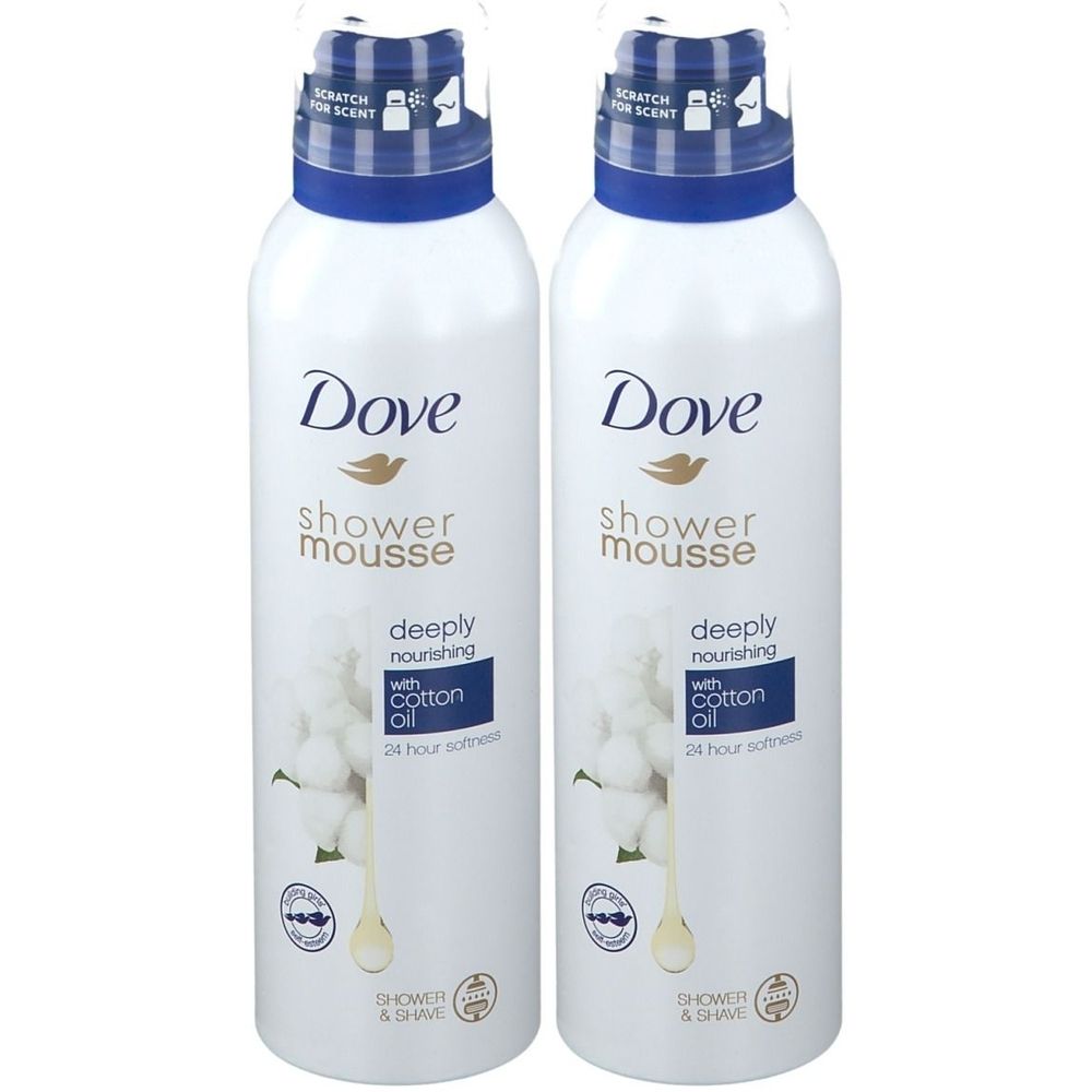 Deux flacons blancs de Dove Mousse de douche avec bouchons bleus. Inscription : deeply nourishing with cotton oil. Illustration de coton.