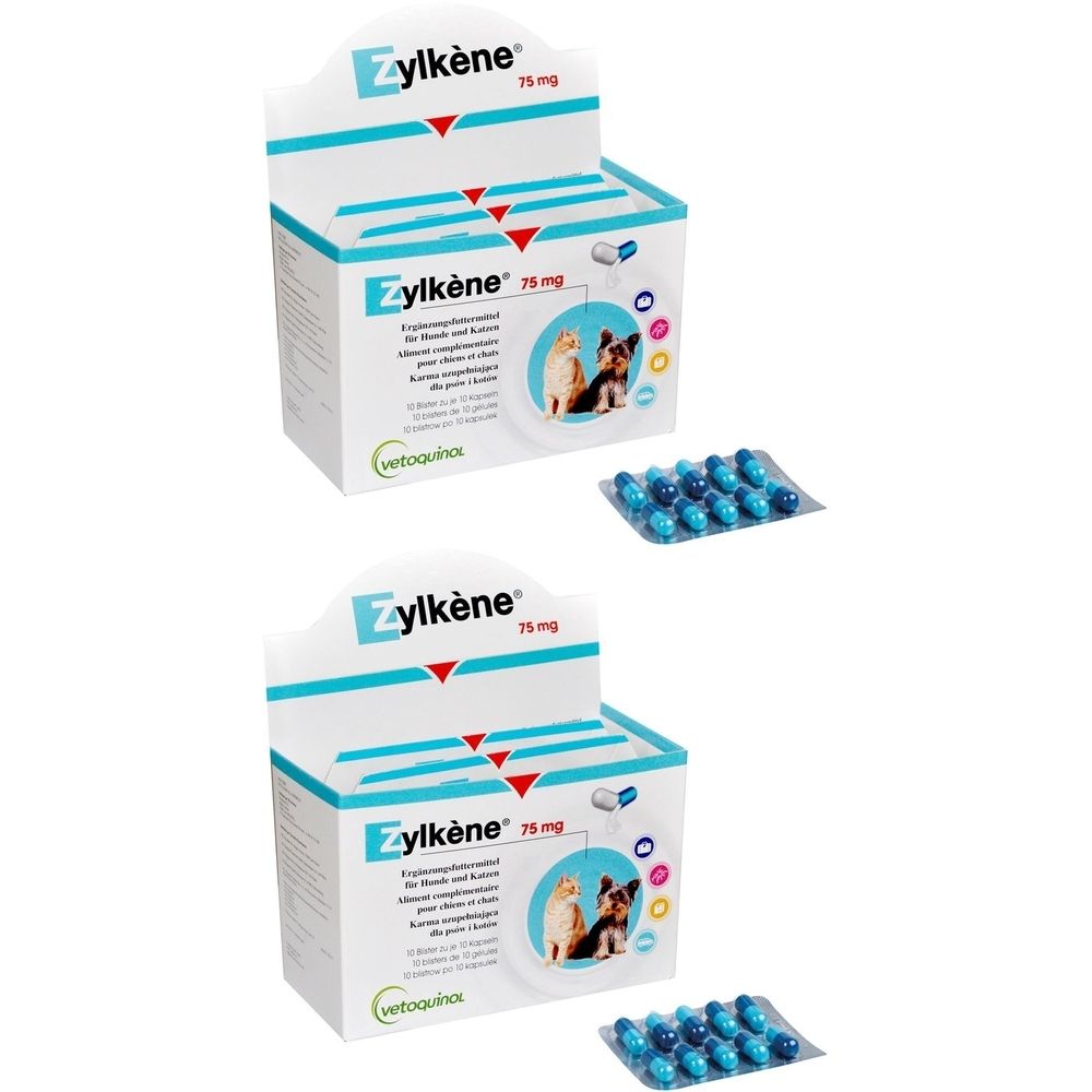 Deux boîtes de Zylkène 75 mg. Gélules bleues en plaquette. Nom du produit et dosage imprimés.