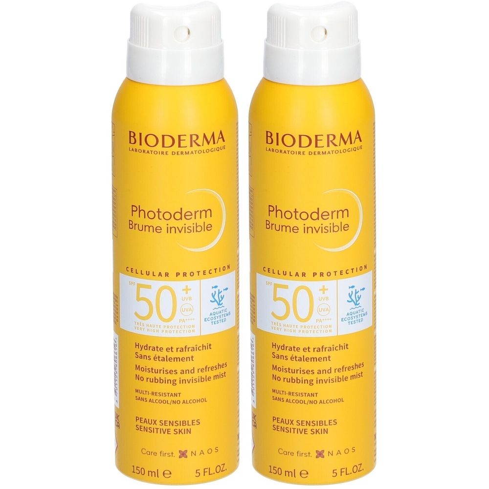 Deux sprays jaunes avec tête blanche. Inscription: BIODERMA, Photoderm Brume invisible SPF50+.