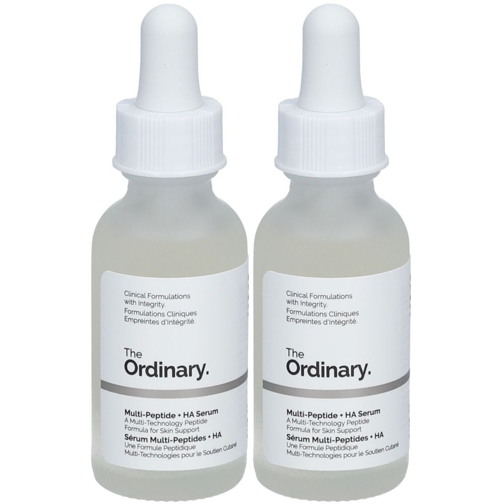 Deux flacons de sérum avec étiquette blanche. Inscription : The Ordinary, Multi-Peptide + HA Serum. Avec applicateur pipette.