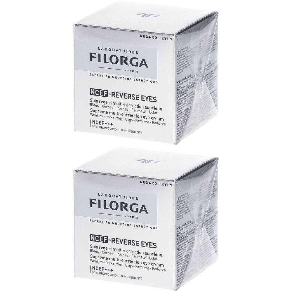 Deux boîtes blanches avec texte. Marque FILORGA, produit NCEF-REVERSE EYES. Textes en français et anglais.