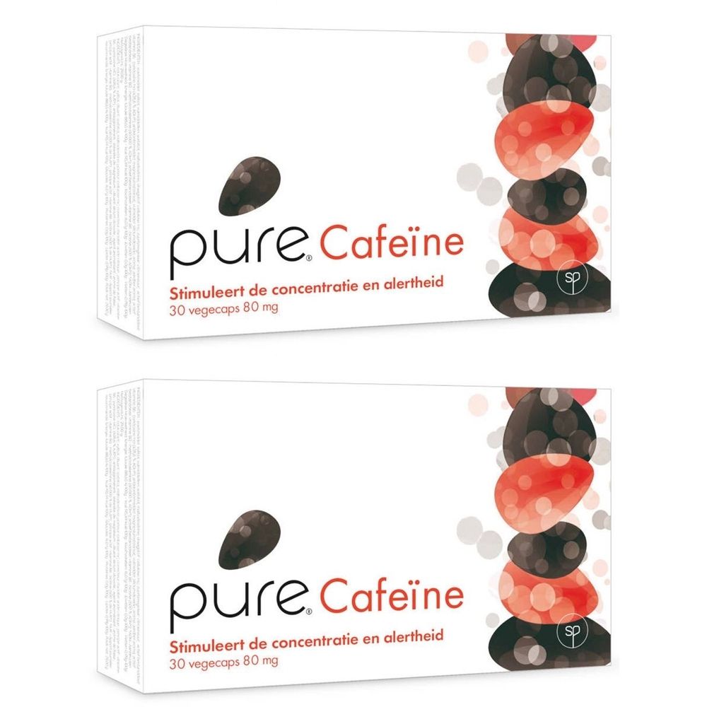 Deux boîtes blanches avec le logo "pure. Cafeïne" et du texte. Illustration de grains de café et de formes rouges. Texte : "Stimuleert de concentratie en alertheid".