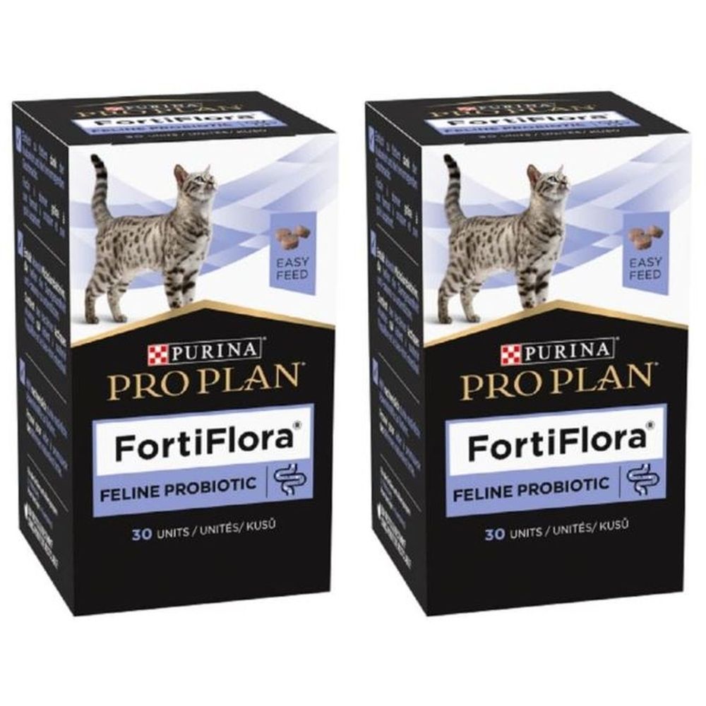 Zwei Kartons Purina Pro Plan FortiFlora Feline Probiotic. Aufdruck: Katze, Produktname, 30 Einheiten. Schwarze Verpackung.