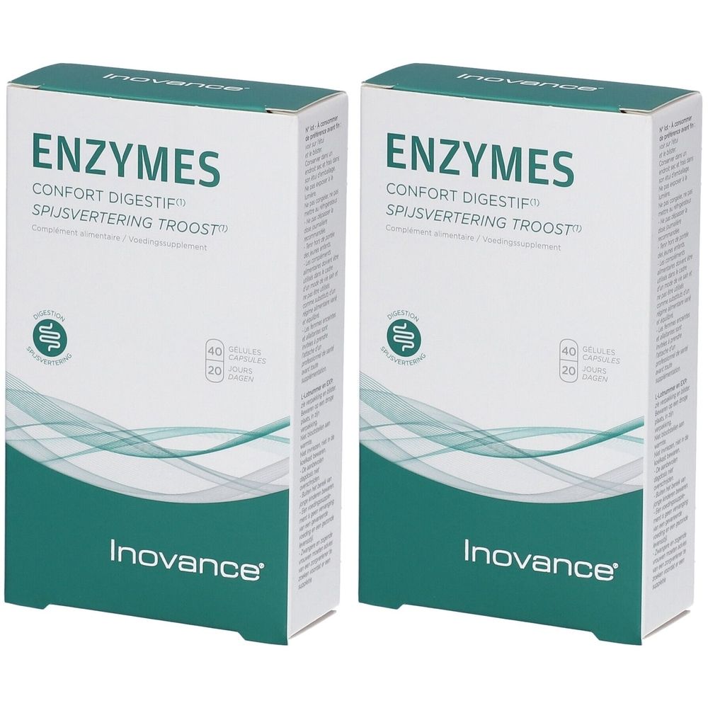 Deux boîtes de ENZYMES. Marque Inovance. Texte en français et néerlandais. Contient 40 gélules.