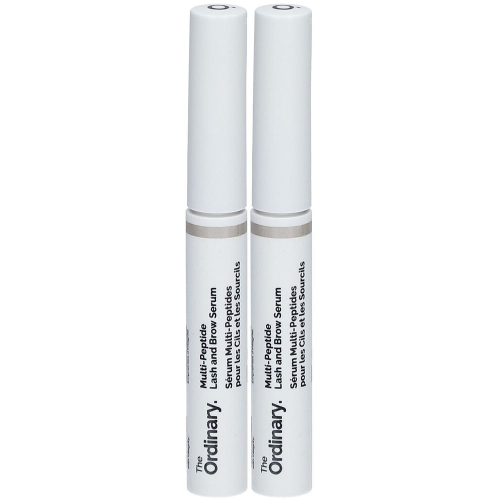 Deux flacons blancs de sérum Multi-Peptides pour cils et sourcils. Marque The Ordinary. Texte en anglais et français.