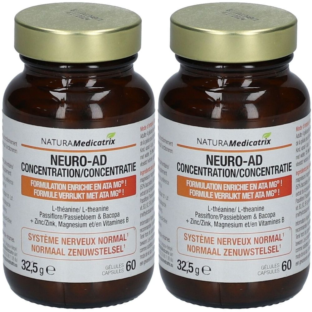 Deux flacons en verre brun avec des couvercles dorés. Les étiquettes indiquent "NATURA Medicatrix NEURO-AD CONCENTRATION".