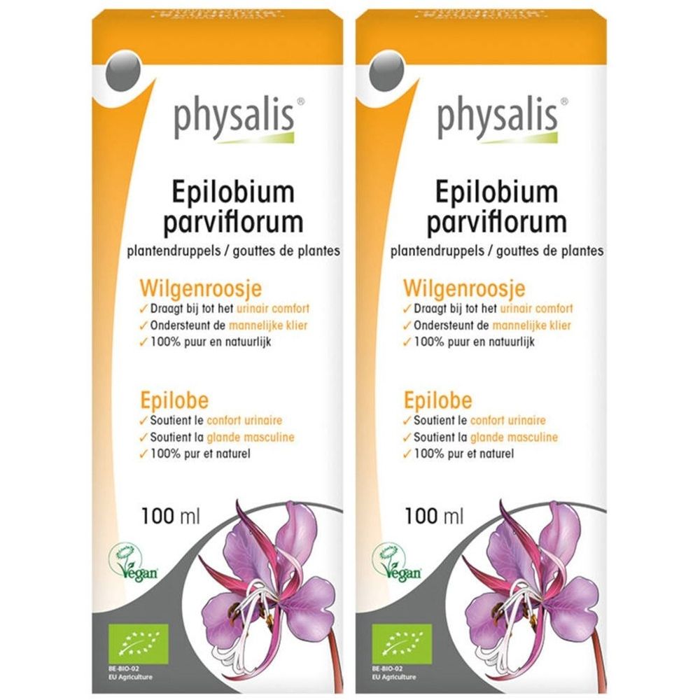 Deux flacons Physalis Epilobium parviflorum. Inscription: Wilgenroosje, Epilobe. 100 ml. Label Vegan. Certification Bio.