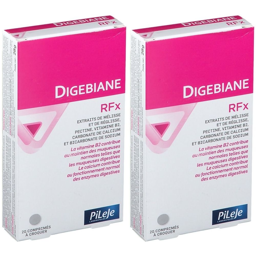 Deux boîtes de Digebiane RFx. Boîtes blanches avec couvercles roses. Texte: Extrait de Mélisse, Vitamine B2, Calcium. Marque: Pileje.