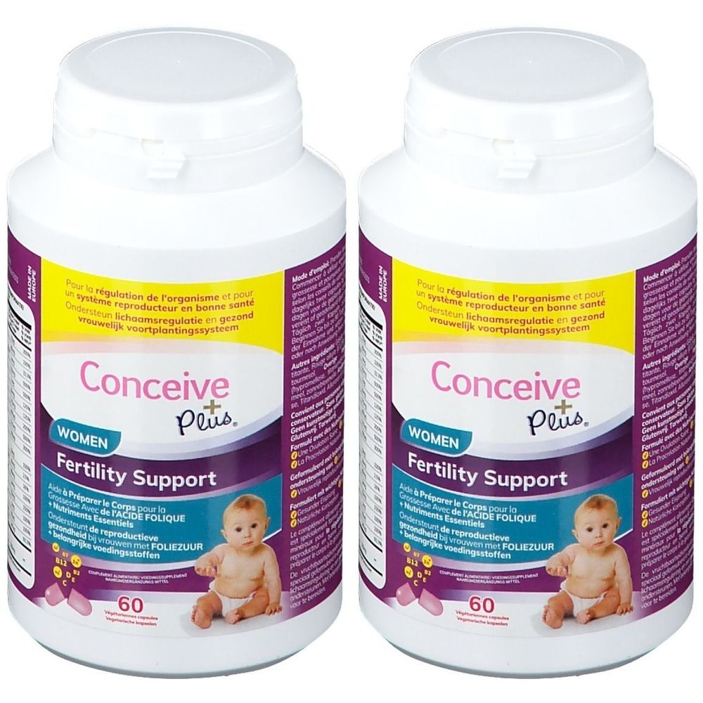 Deux flacons blancs avec "Conceive Plus Women Fertility Support". Chaque flacon présente l'image d'un bébé.