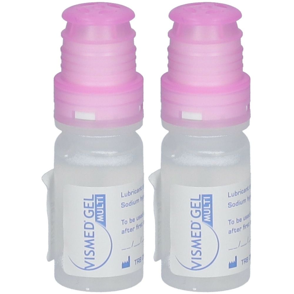 Deux petits flacons avec bouchons roses. L'étiquette indique "VISMED GEL MULTI".