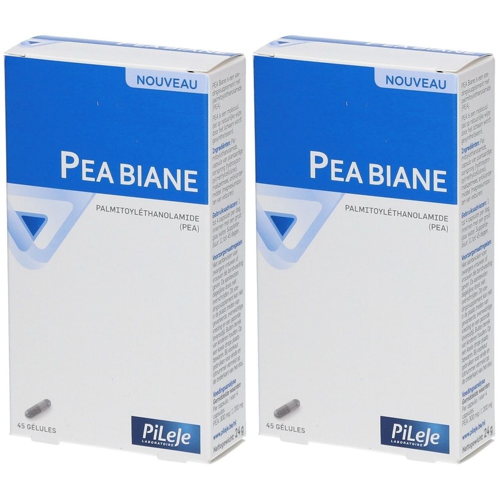 Deux boîtes blanches avec texte bleu. Inscription: PEA BIANE, Palmitoyléthanolamide (PEA). Marque Pileje. En haut: "NOUVEAU".