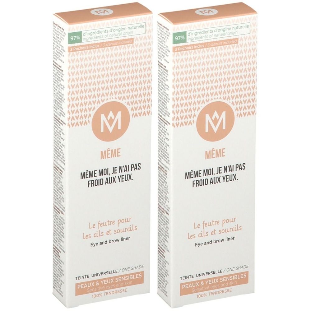 Deux boîtes identiques. Inscription MÊME, Le feutre pour les cils et sourcils. Pour peaux et yeux sensibles.
