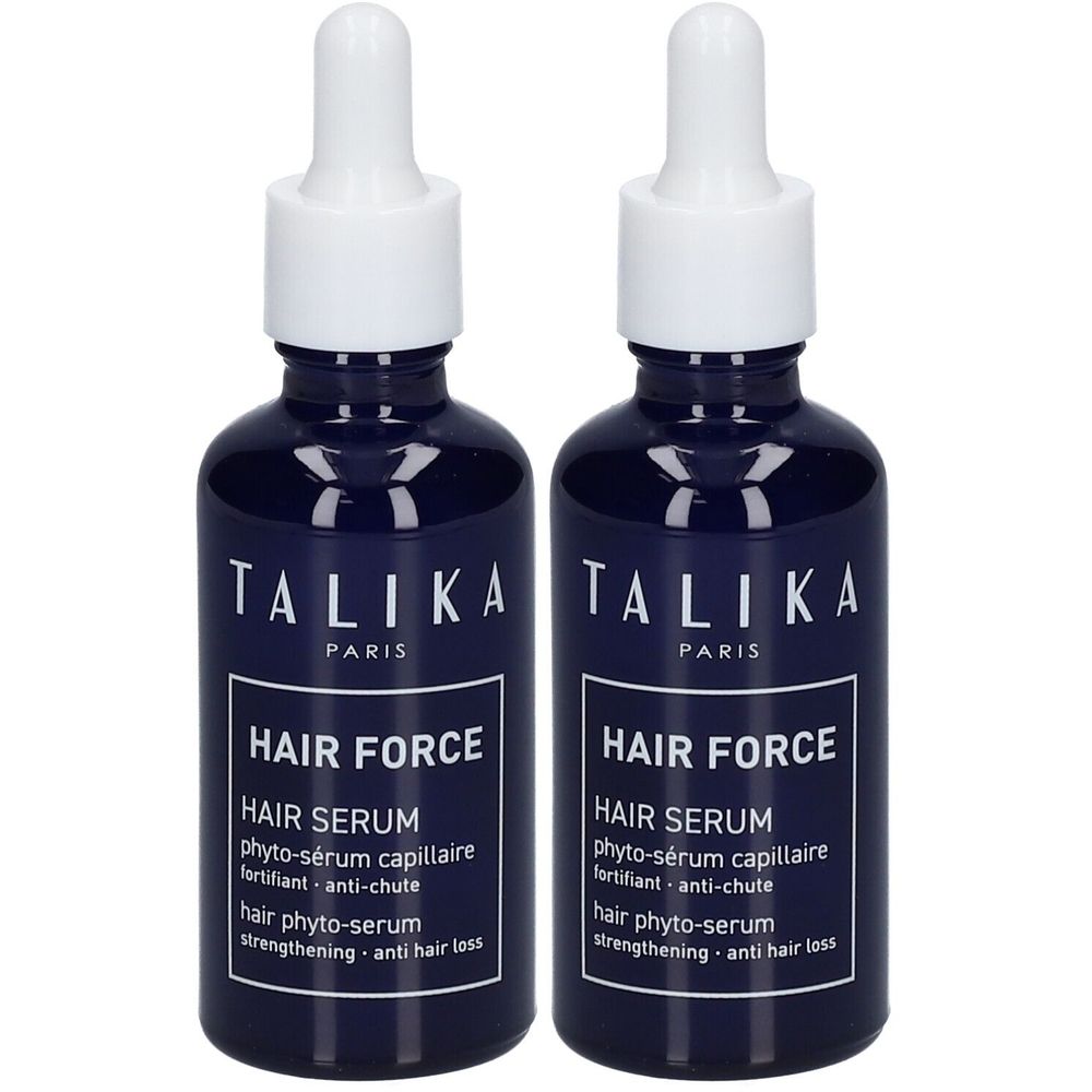 Deux flacons bleus avec pipettes blanches. Étiquettes : "TALIKA PARIS HAIR FORCE HAIR SERUM".