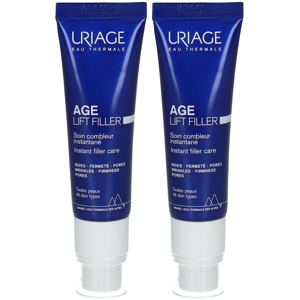 Deux tubes bleus avec bouchons blancs. Inscriptions "URIAGE", "AGE LIFT FILLER" et autres informations sur le produit.