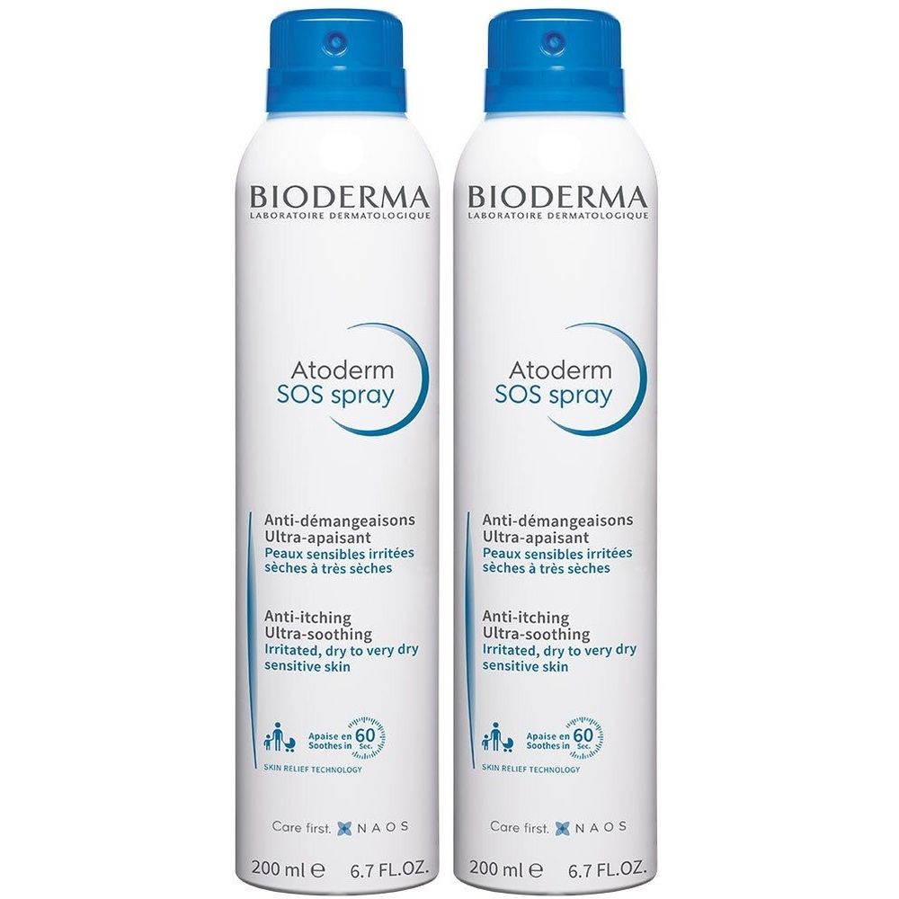 Deux sprays blancs avec bouchon bleu. Inscription: BIODERMA Atoderm SOS spray. Texte en français et anglais. 200 ml.