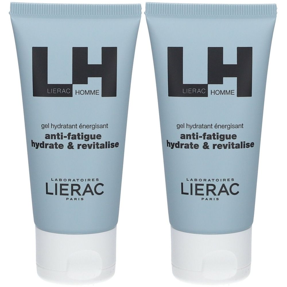Deux tubes bleus. Inscription: LH, LIERAC HOMME, gel hydratant énergisant, anti-fatigue, hydrate & revitalise. Laboratoires LIERAC Paris.