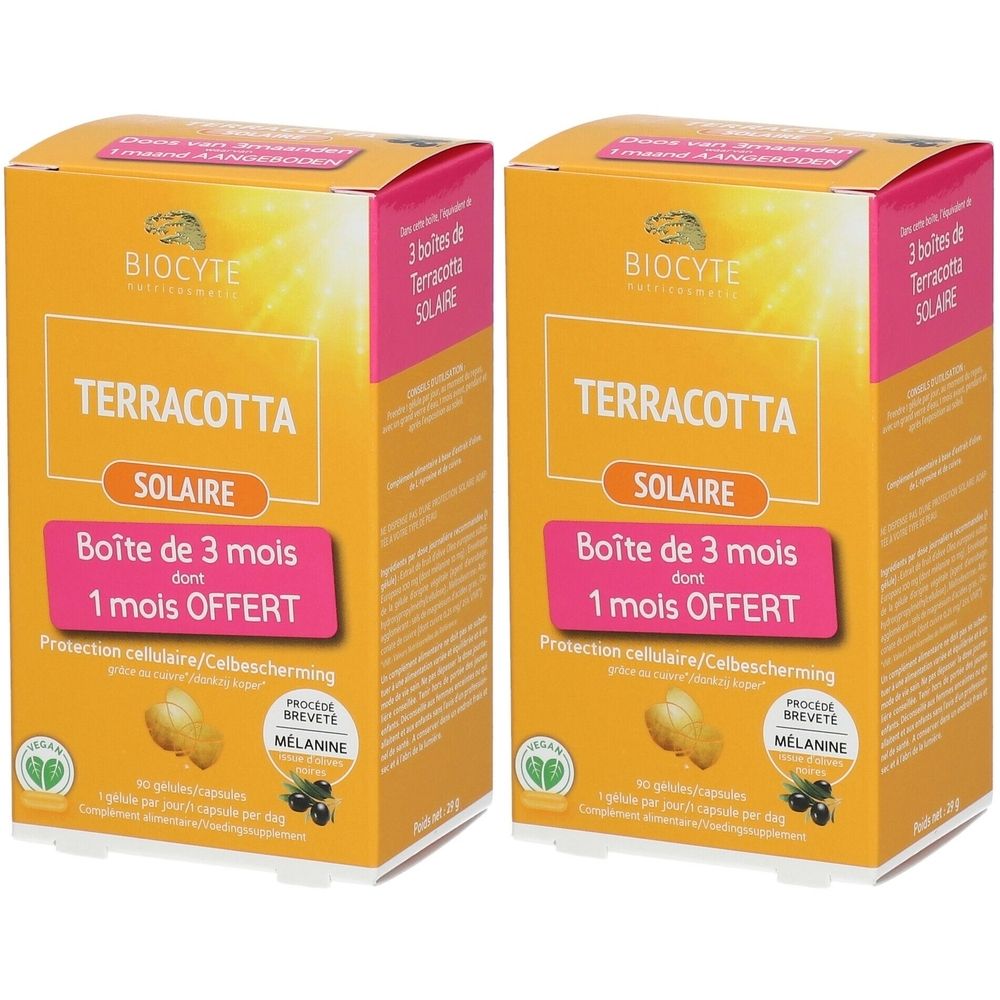 Deux boîtes Biocyte Terracotta Solaire. Inscription: Boîte de 3 mois dont 1 mois OFFERT. Avec mélanine et logo de protection.