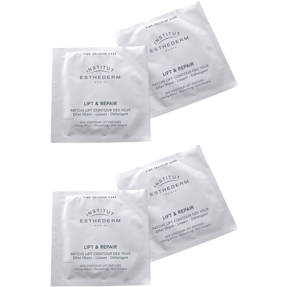 Plusieurs sachets blancs individuels. Inscription: INSTITUT ESTHEDERM, LIFT & REPAIR, Patchs Lift Contour des Yeux.