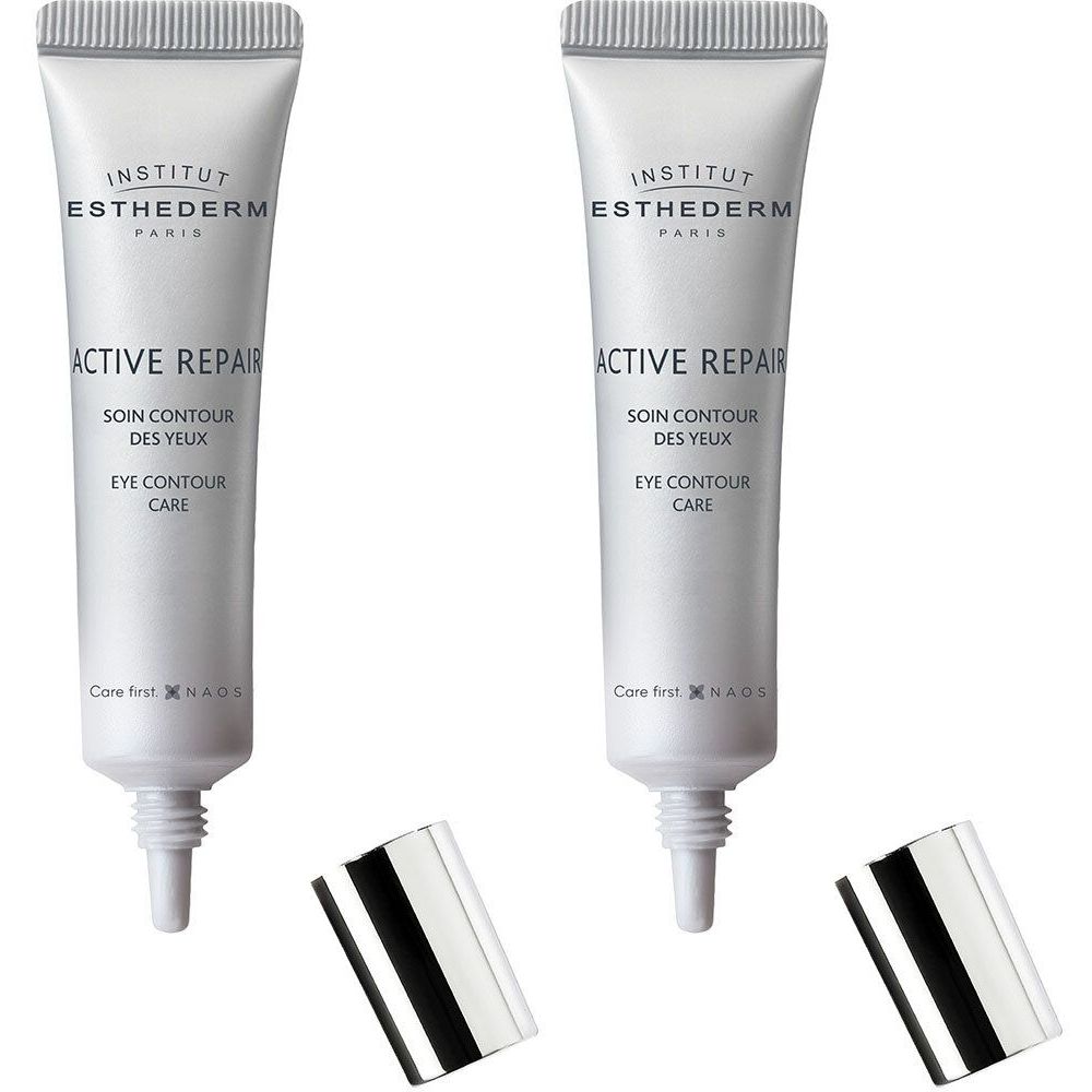 Deux tubes de soin contour des yeux. Inscription: INSTITUT ESTHEDERM, ACTIVE REPAIR, SOIN CONTOUR DES YEUX, EYE CONTOUR CARE. Avec bouchons.