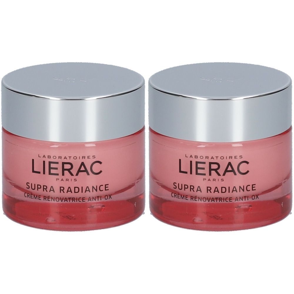 Deux pots de crème rose avec couvercles argentés. Inscription LIERAC, SUPRA RADIANCE, Crème rénovatrice Anti-Ox.